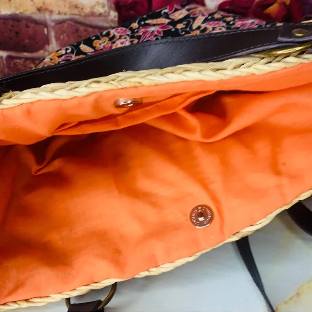 Woven Rattan and Canvas Beaded Floral Market Tote